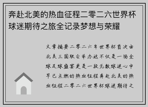 奔赴北美的热血征程二零二六世界杯球迷期待之旅全记录梦想与荣耀